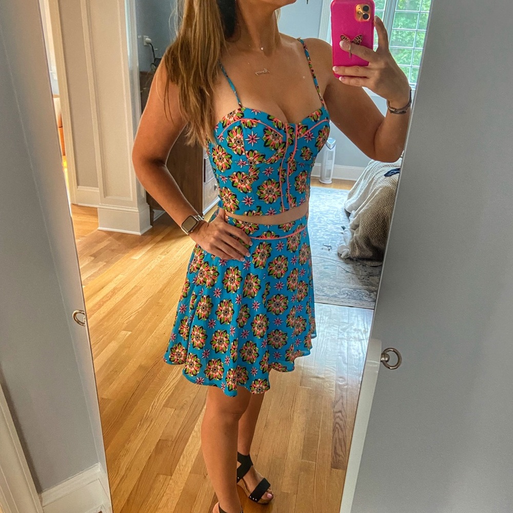 NWOT neon floral crop top / high waisted skirt set